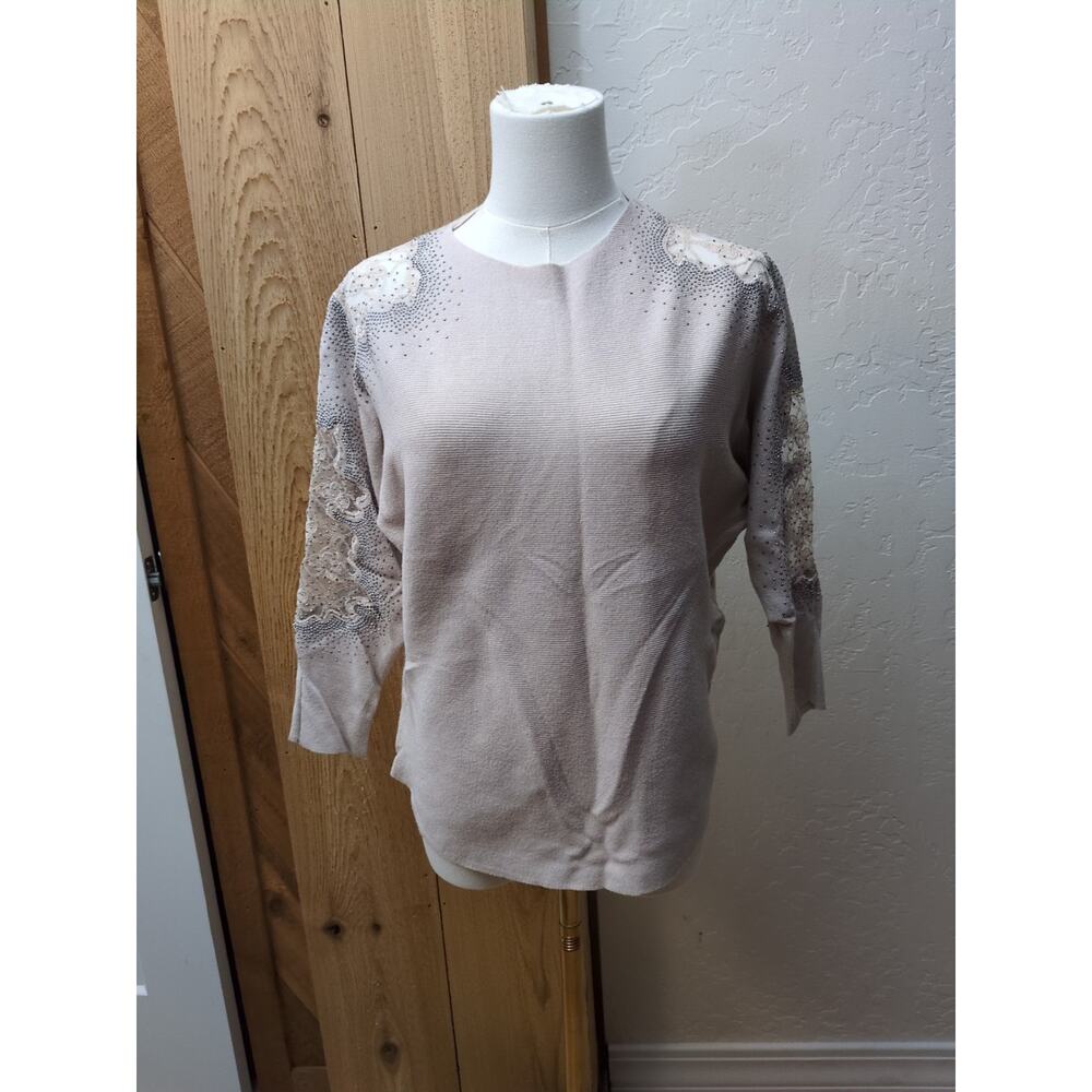 Liv Milano Women's Beige Embellished Shoulder & Sleeves Sweater Size Small S